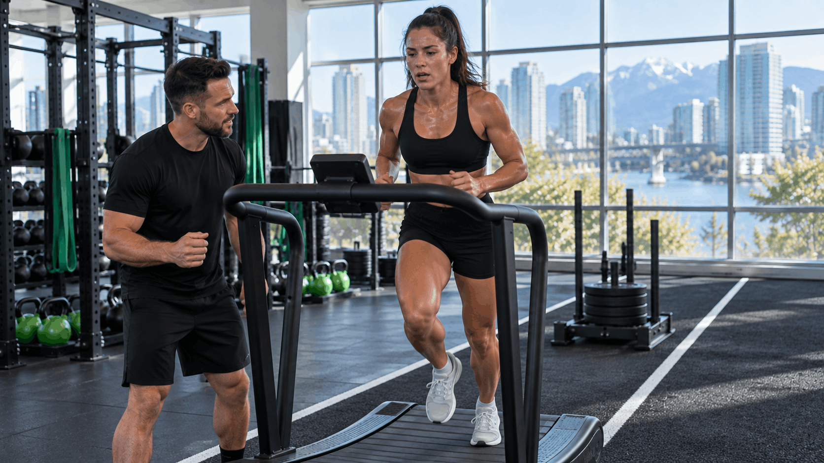 HYROX running under fatigue athlete training on a curved treadmill
