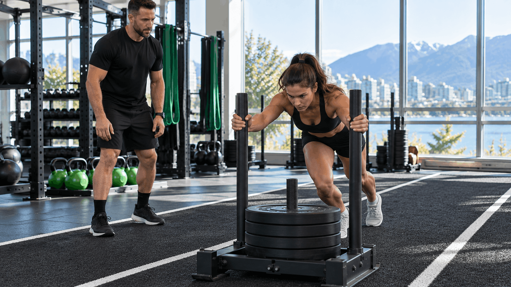 HYROX sled training athlete building strength with a weighted sled