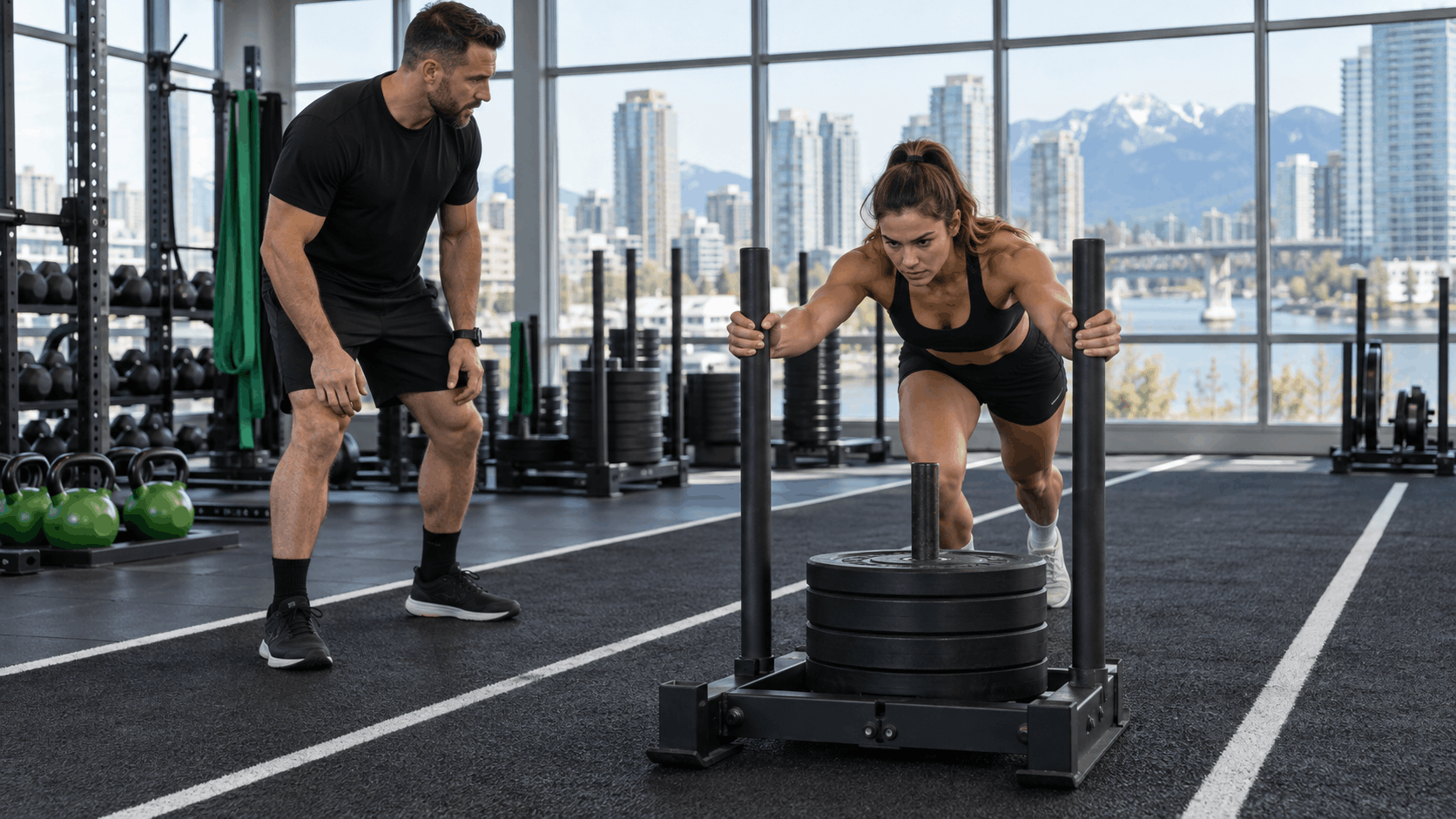HYROX training plan Vancouver athlete pushing a weighted sled with a coach