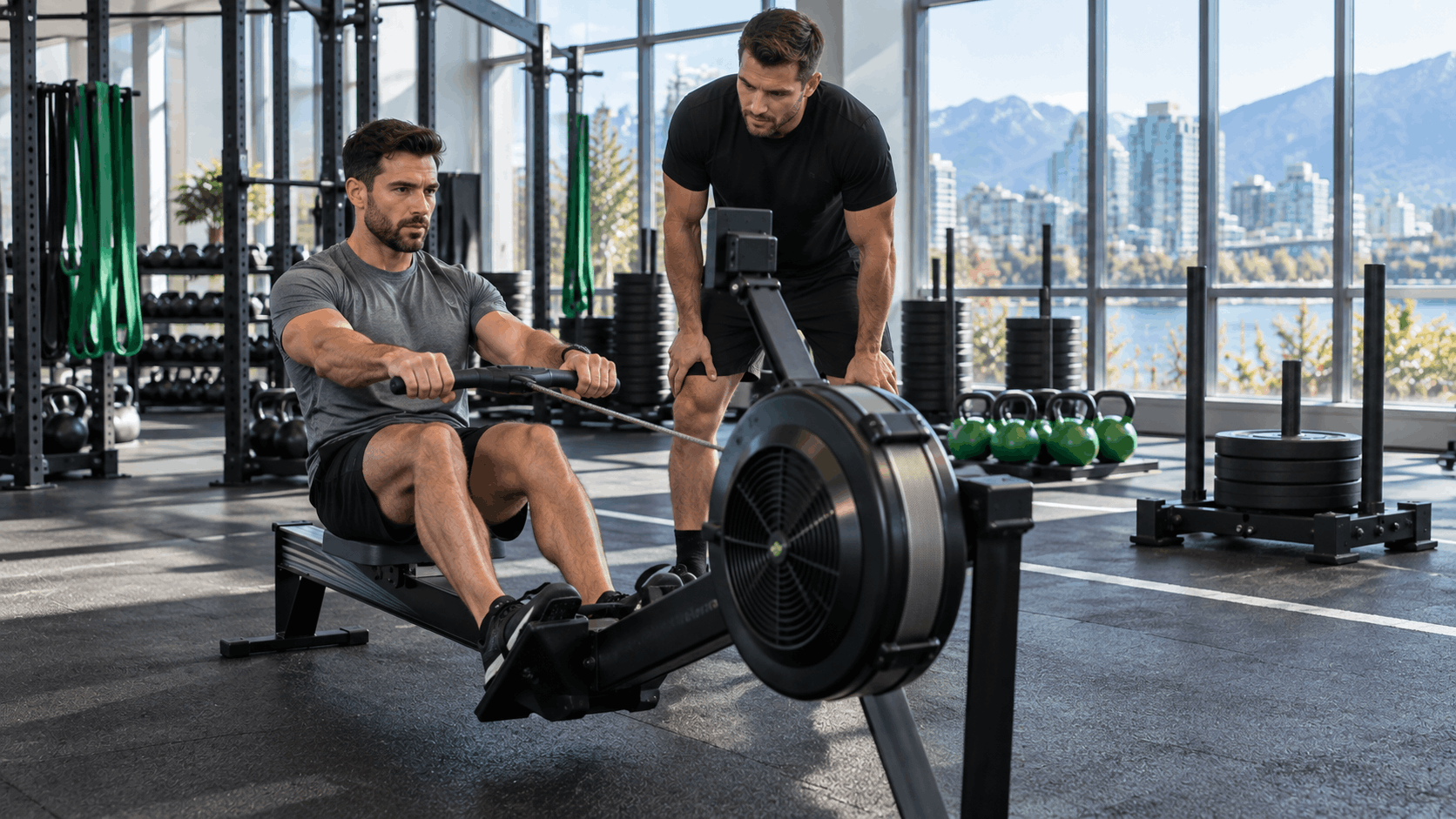 HYROX weekly training athlete using a rowing machine with a coach