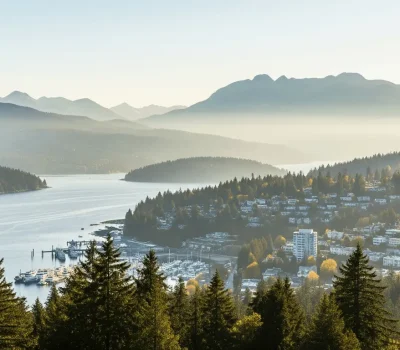 North Vancouver mountains and harbour overlooking residential neighbourhoods