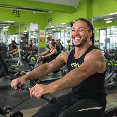 A man smiles while working out on a rowing machine at a vibrant, green-accented gym.